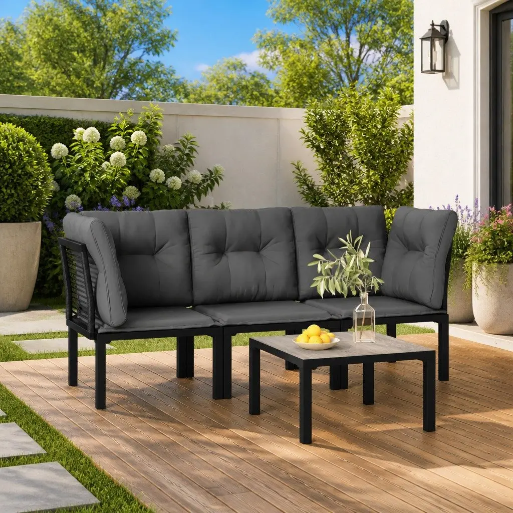 4 Piece Garden Lounge Set Modular Outdoor Furniture Black Grey PE Rattan