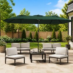 Double-Head Garden Parasol with LED Lights Outdoor Shade Umbrella 449x265cm