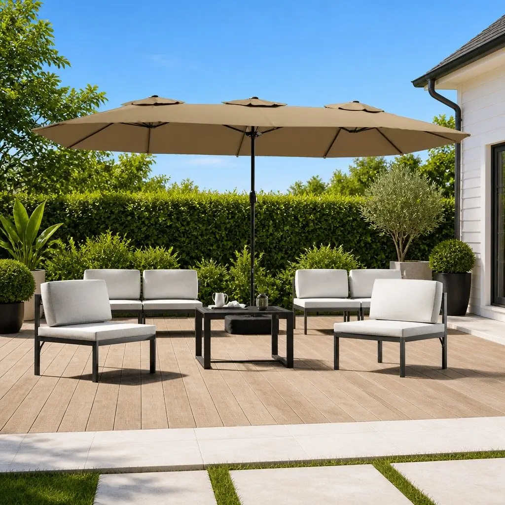 Double-Head Garden Parasol Outdoor Sunshade 449x265cm Taupe