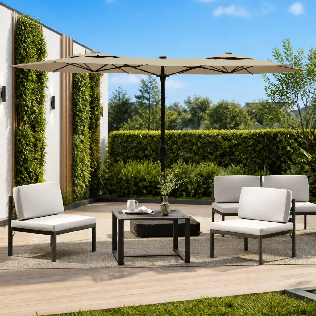 Double-Head Garden Parasol Shade Umbrella Outdoor Patio Sun Protection 316 x 145 cm Taupe