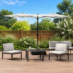 Double-Head Garden Parasol with LED Lights Outdoor Sunshade 316x145cm White