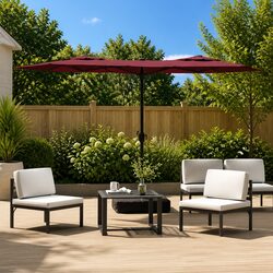 Double-Head Garden Parasol LED Lights Outdoor Sunshade Red 316x145cm Crank