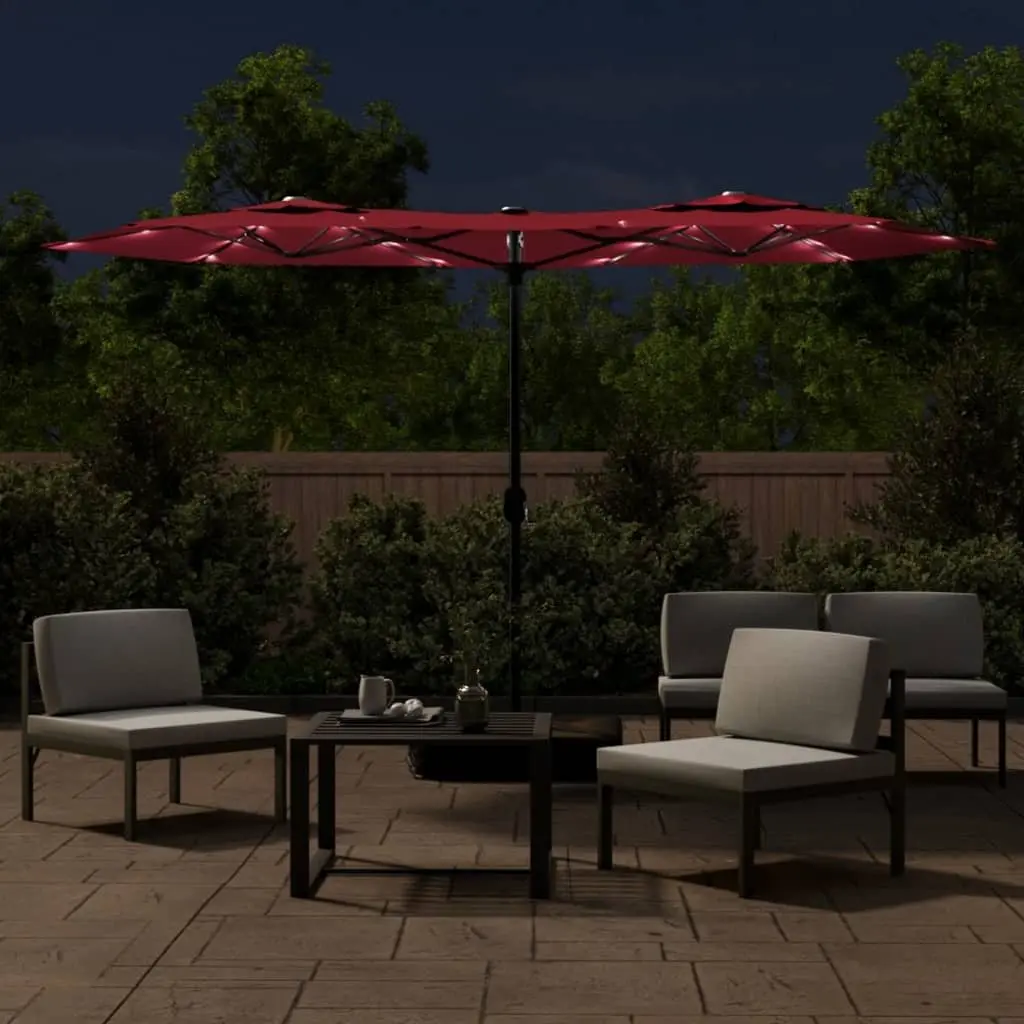 Double-Head Garden Parasol LED Lights Outdoor Sunshade Red 316x145cm Crank