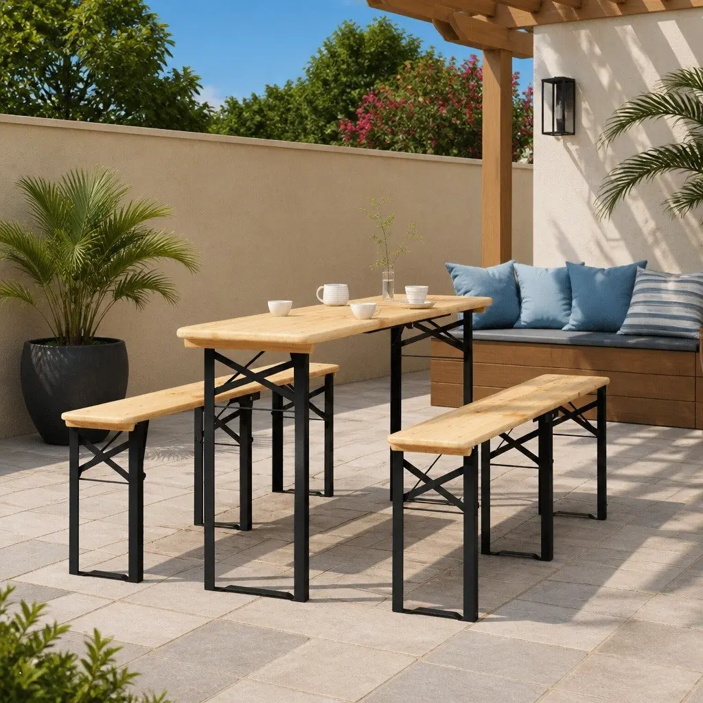 3 Piece Folding Beer Table Set Outdoor Camping Picnic Brown