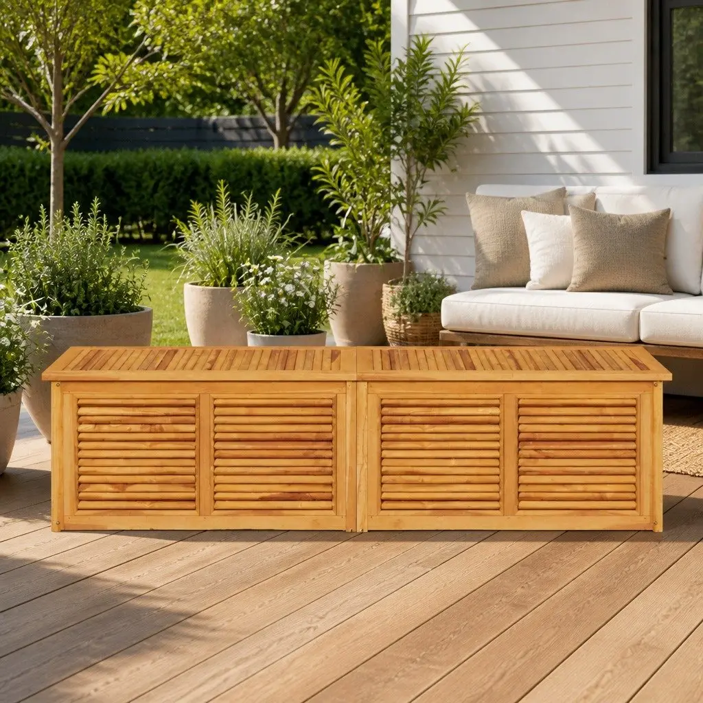 Garden Storage Box Solid Teak Wood Outdoor Indoor Bench Chest Louvres Design