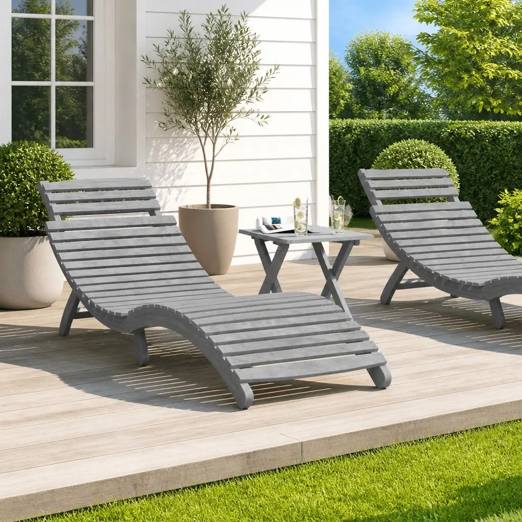 Sun Lounger Grey Solid Wood Acacia Foldable Outdoor Lounge 184 x 55 x 64 cm