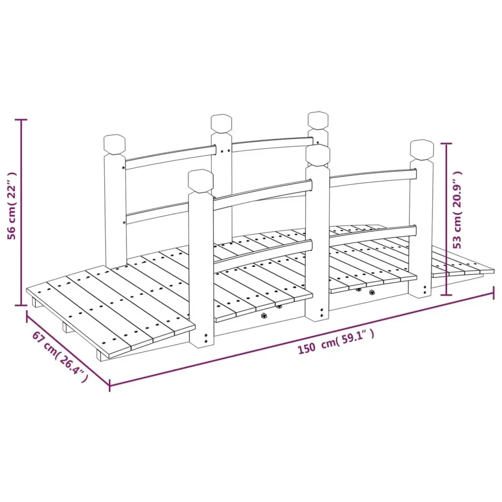 Wooden Garden Bridge Outdoor Structure with Rails 150x67x56cm Brown