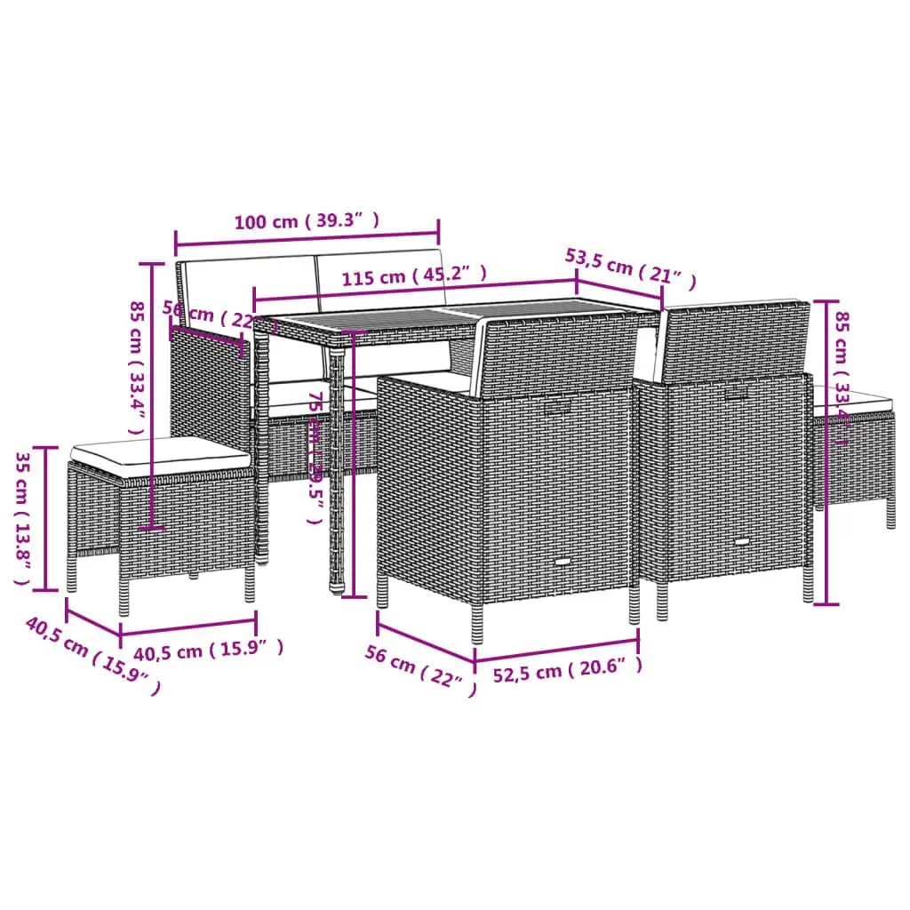 Garden Dining Set 6 Piece Outdoor Furniture Grey Rattan Table Chairs Cushions