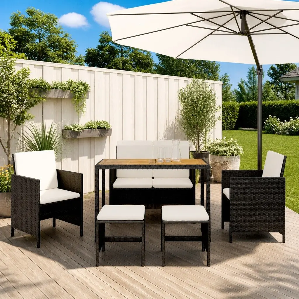 Outdoor Furniture Dining Set 6 Piece Black Rattan Cushions Garden Patio