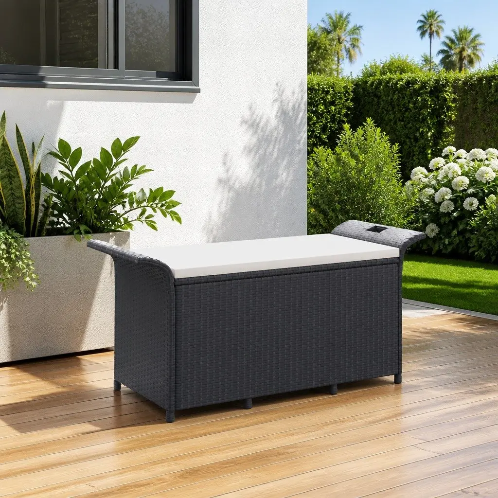 Garden Bench with Storage Cushion Seat 116 x 46 x 57 cm Black Poly Rattan