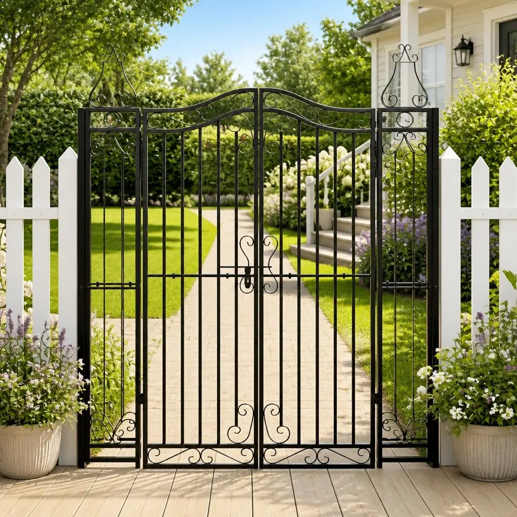 Wrought Iron Garden Gate Black Ornamental Fencing Outdoor Patio Entryway 121cm x 150cm