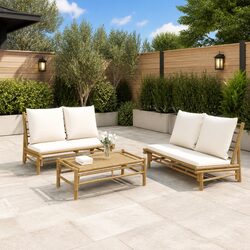 Outdoor Garden Bench Bamboo Frame Cream Cushions Patio Seating Backrest