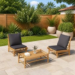 Outdoor Garden Chairs Set 2 pcs Grey Cushions Bamboo Patio Seating