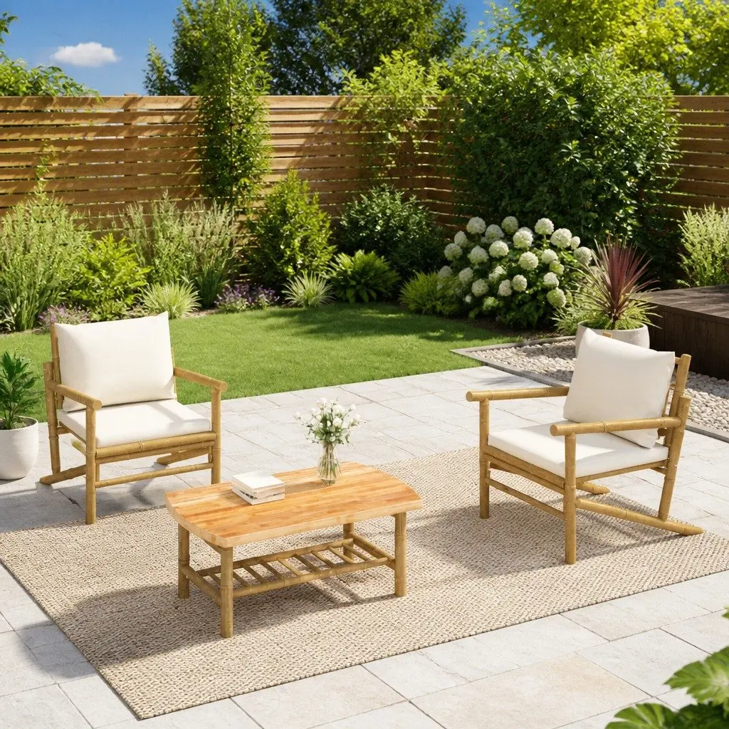 Outdoor Garden Chairs Set 2-Piece Bamboo Construction Backrest Cream Cushions