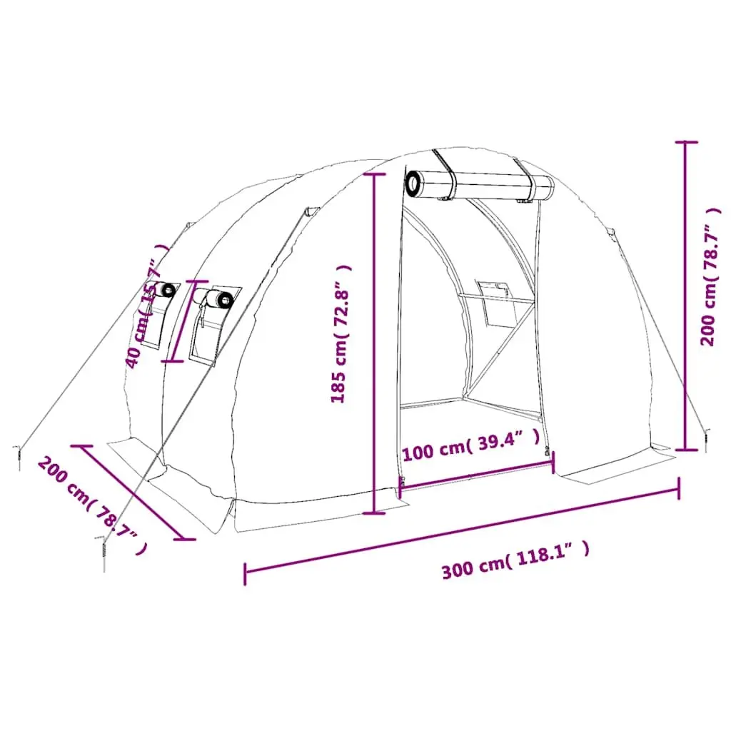 White Greenhouse PE Cover 3x2x2m Steel Frame Roll-up Door Garden Structure