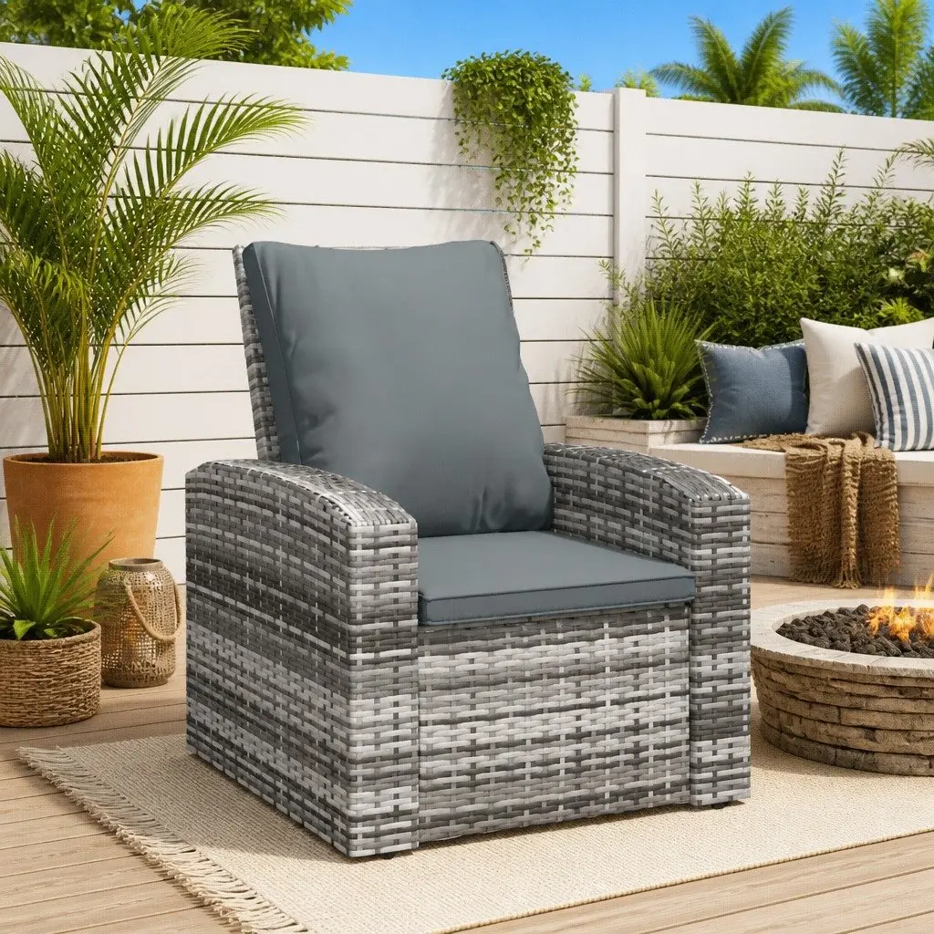 Garden Reclining Chair Outdoor Lounge Seat Grey Poly Rattan with Cushions