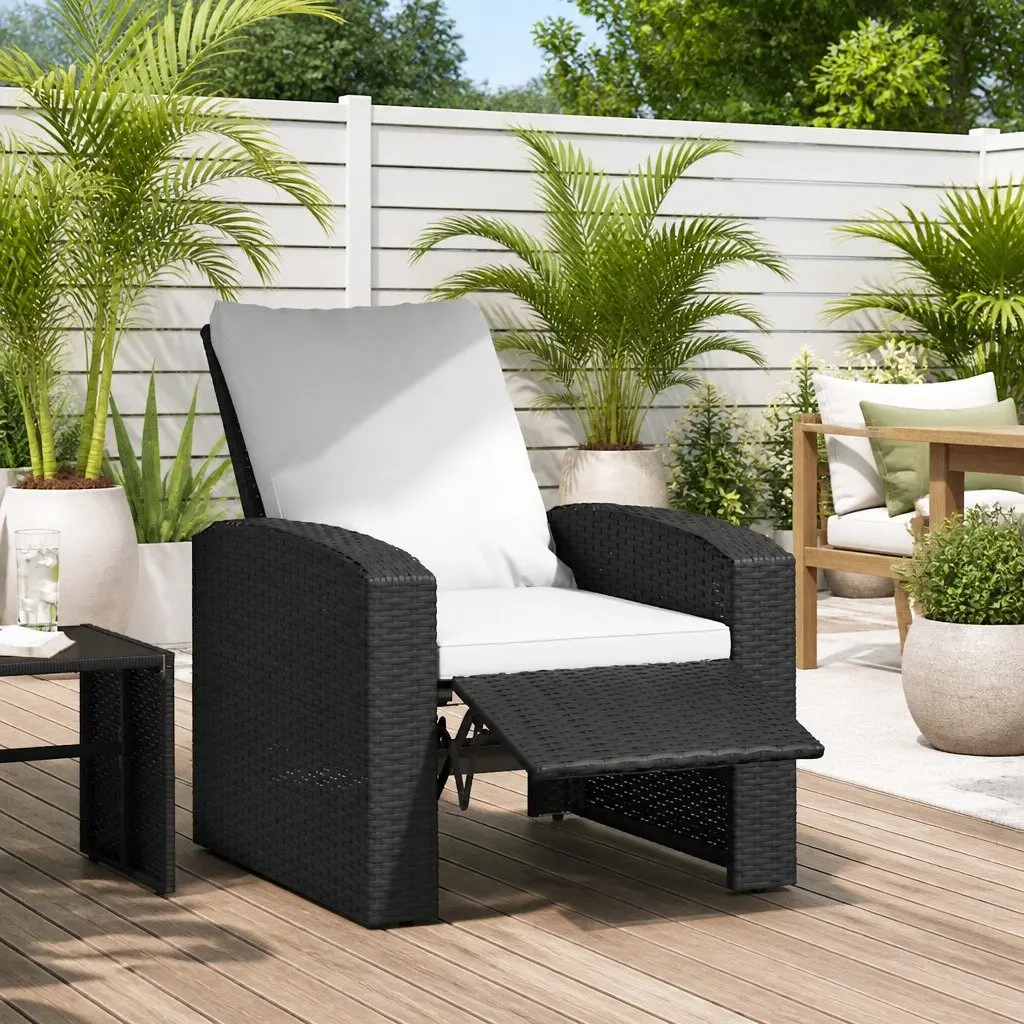 Garden Reclining Chair Outdoor Lounge Seating Adjustable Backrest Footrest Black Poly Rattan