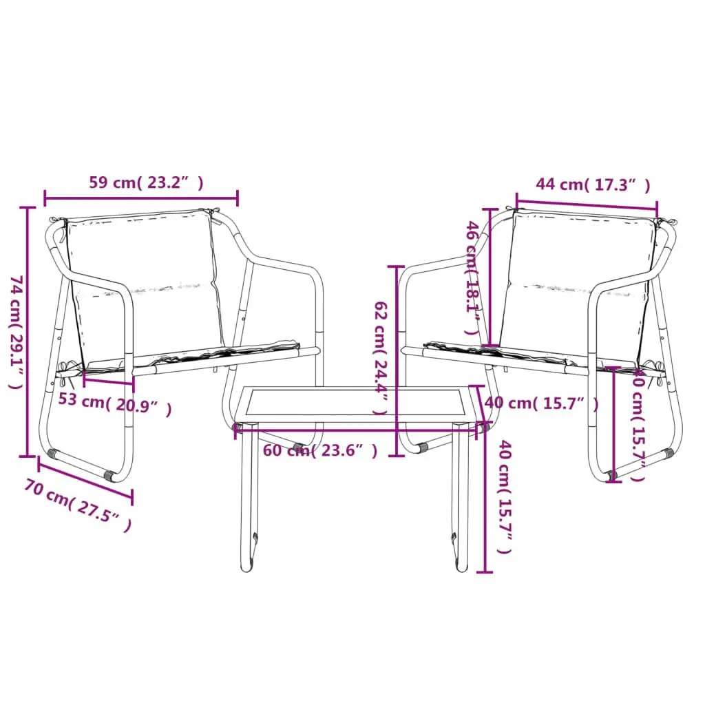 Garden Lounge Set Outdoor Furniture 3 Piece Steel Frame Cushions Anthracite