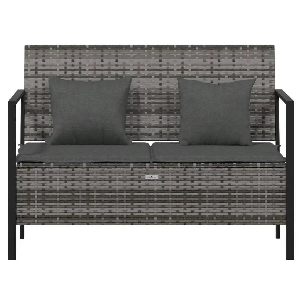 Garden Bench with Storage Compartment for Two Persons Grey Poly Rattan with Cushions Outdoor Seating