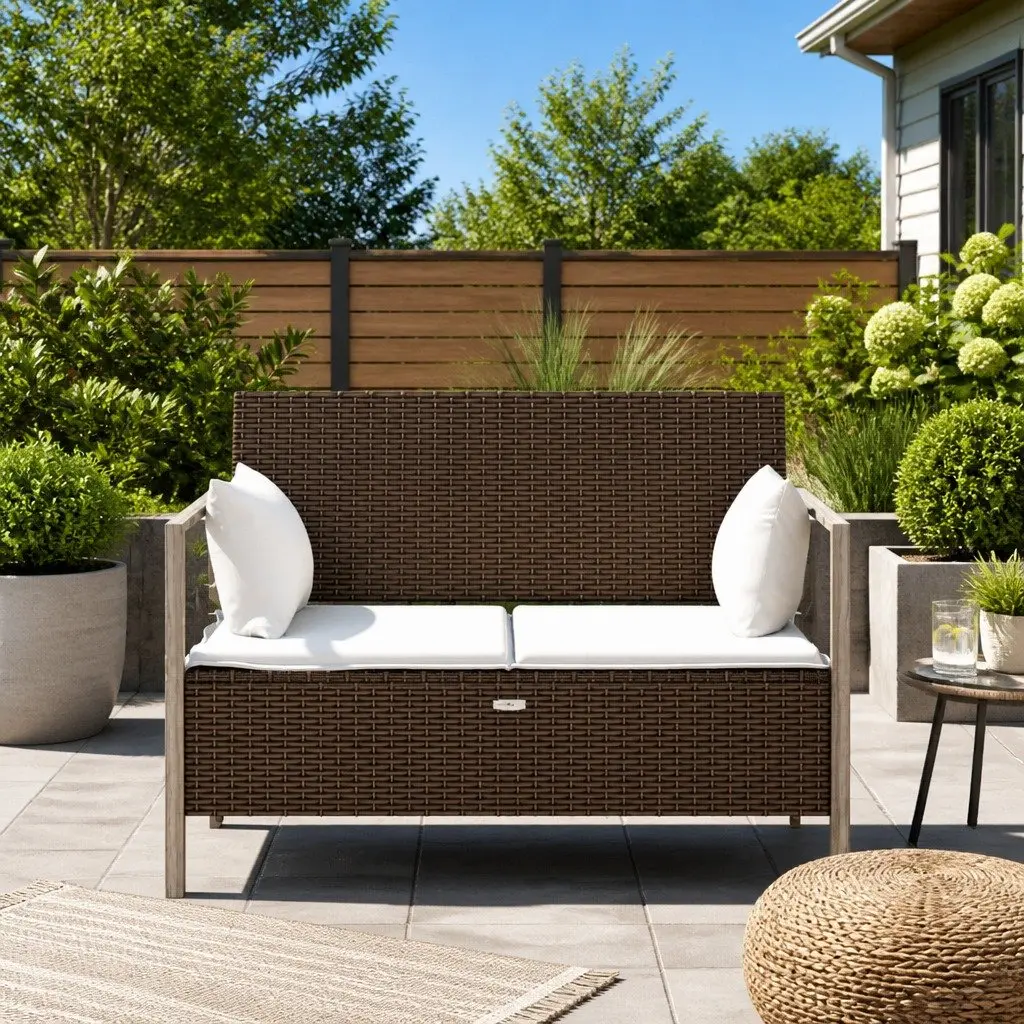 2-Seater Garden Bench Outdoor Storage Compartment Cushions Brown Poly Rattan