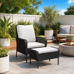 Reliable Black Garden Chair with Footstool for Outdoor Use