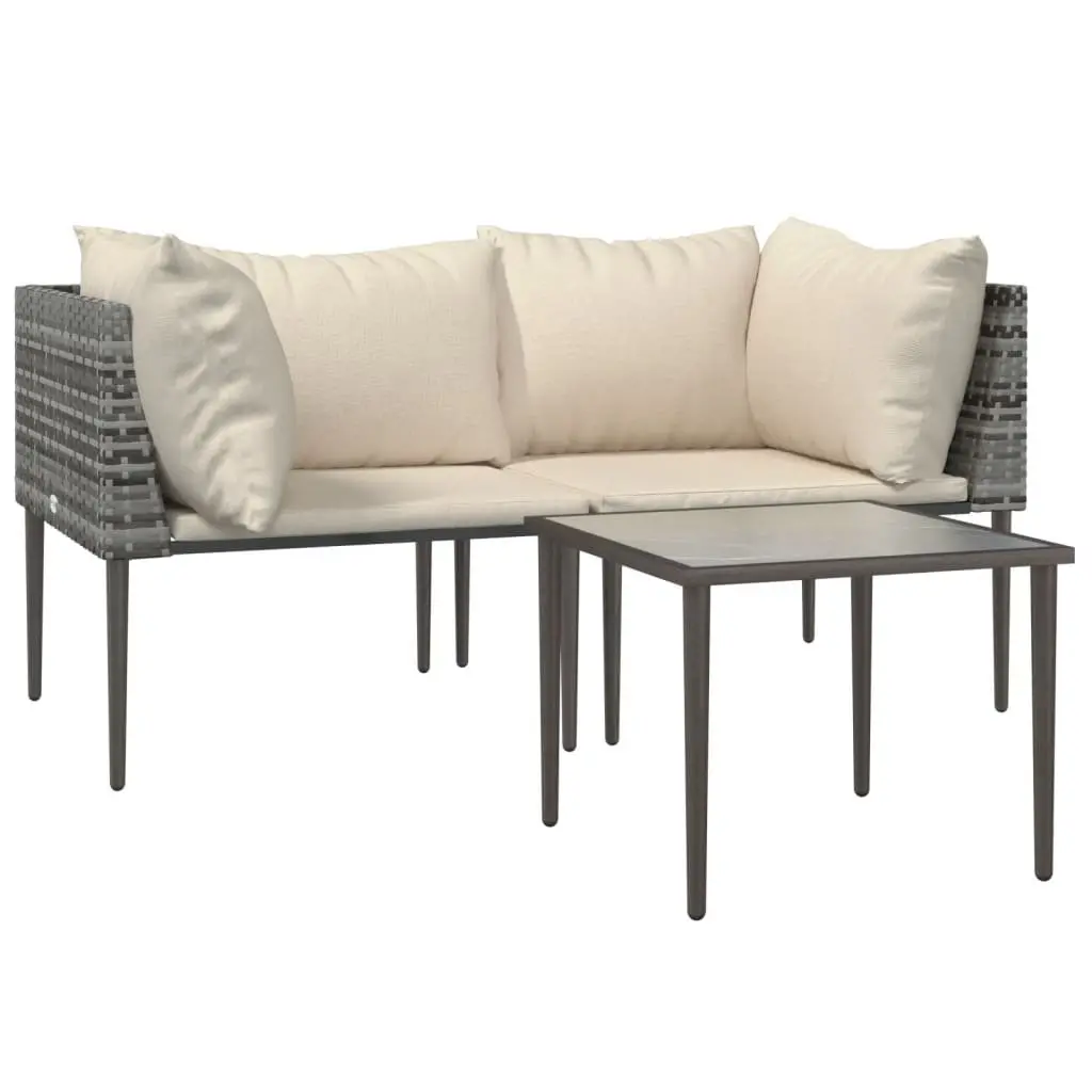 Outdoor Lounge Furniture Set 3 Piece Grey Poly Rattan Cushioned Seating and Table