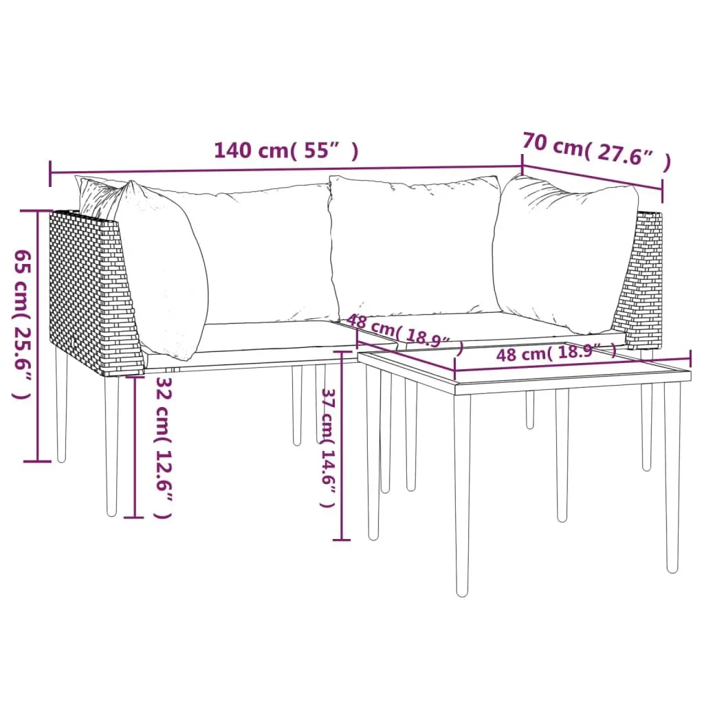 Outdoor Lounge Furniture Set 3 Piece Grey Poly Rattan Cushioned Seating and Table