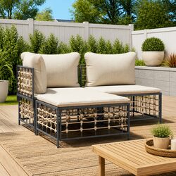 Garden Footstool Ottoman with Cushion Poly Rattan Outdoor Seating Relaxing