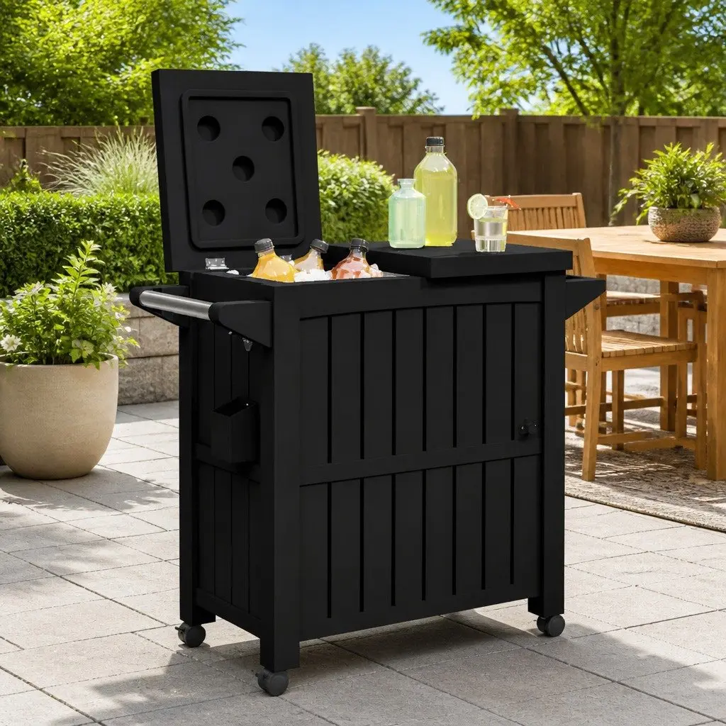 3-in-1 Serving Cart Rolling Kitchen Dining Trolley with Ice Bucket Black