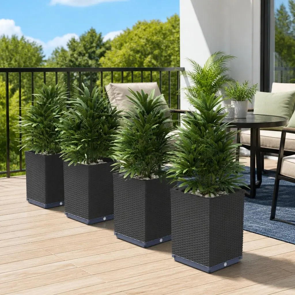 Set of 4 Black Square Planter Pots for Outdoor Garden and Patio Decor 30x30x37cm