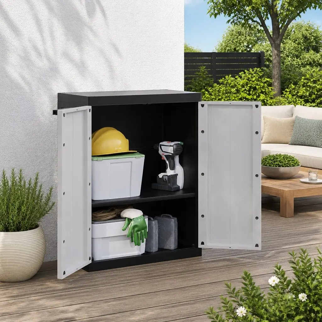 Outdoor Storage Cabinet Lockable Adjustable Shelves Grey Black 65W x 37D x 85H cm