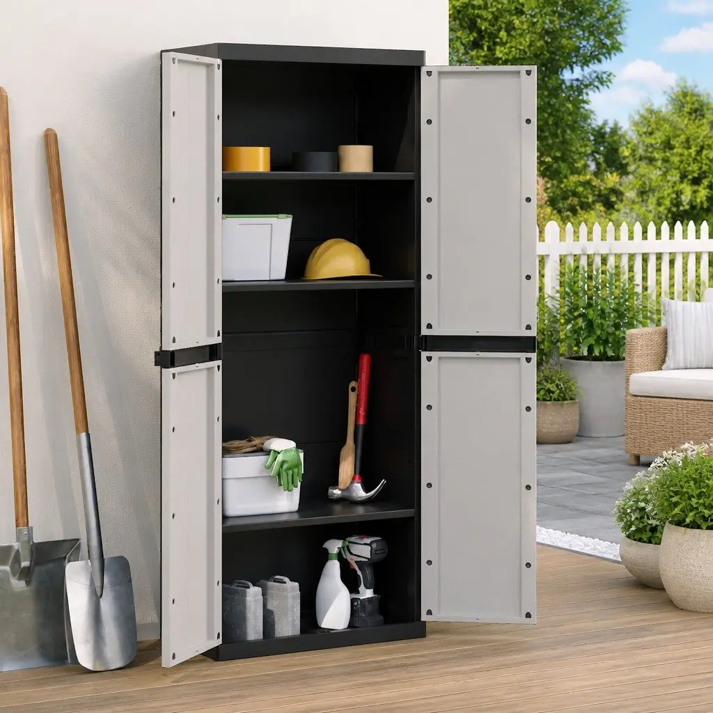 Outdoor Storage Cabinet Lockable Grey Black 65x37x165cm Garden Cupboard