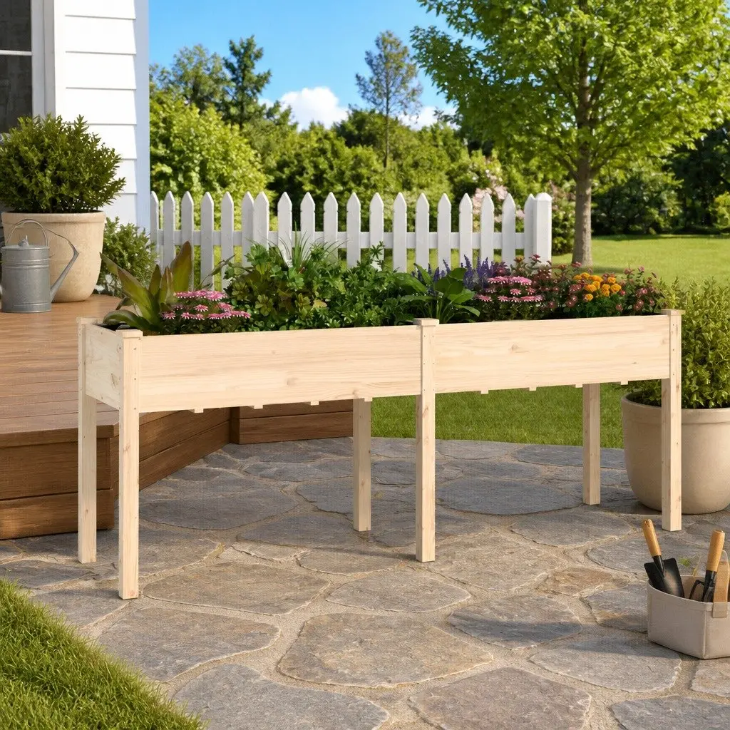 Wooden Planter Raised Bed 203x53x76 cm Garden Fir Wood Brown