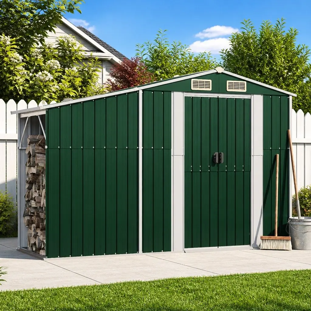 Garden Shed Outdoor Storage Green Metal 277x93x179cm Firewood Stand Ventilation Sloping Roof