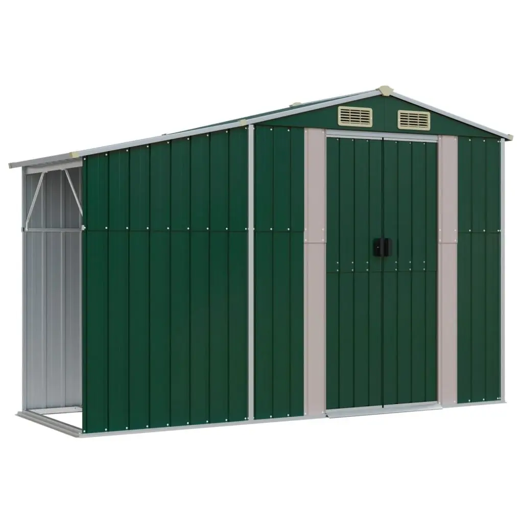 Garden Shed Outdoor Storage Green Metal 277x93x179cm Firewood Stand Ventilation Sloping Roof