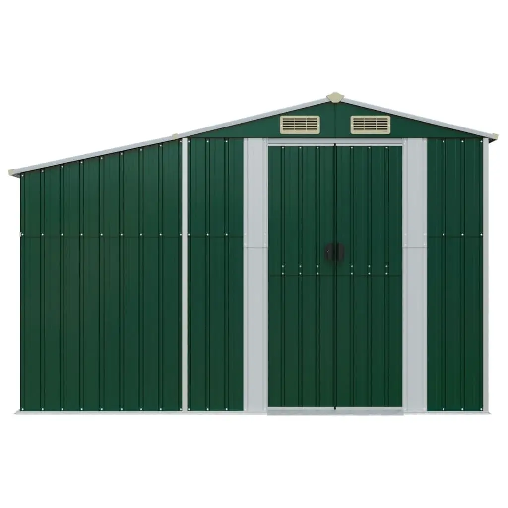 Garden Shed Outdoor Storage Green Metal 277x93x179cm Firewood Stand Ventilation Sloping Roof