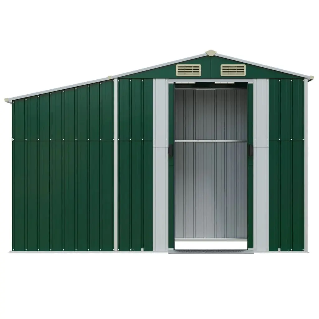 Garden Shed Outdoor Storage Green Metal 277x93x179cm Firewood Stand Ventilation Sloping Roof