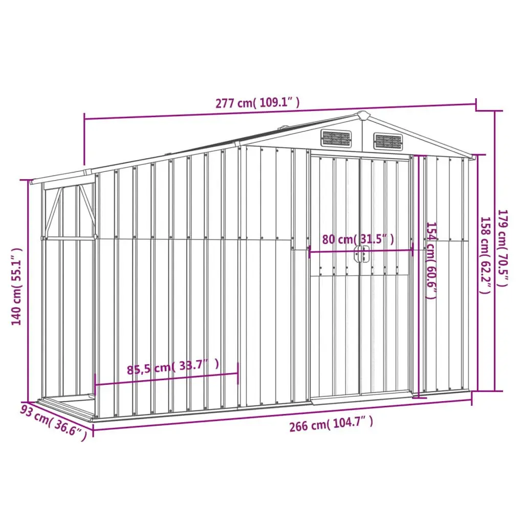 Garden Shed Outdoor Storage Green Metal 277x93x179cm Firewood Stand Ventilation Sloping Roof