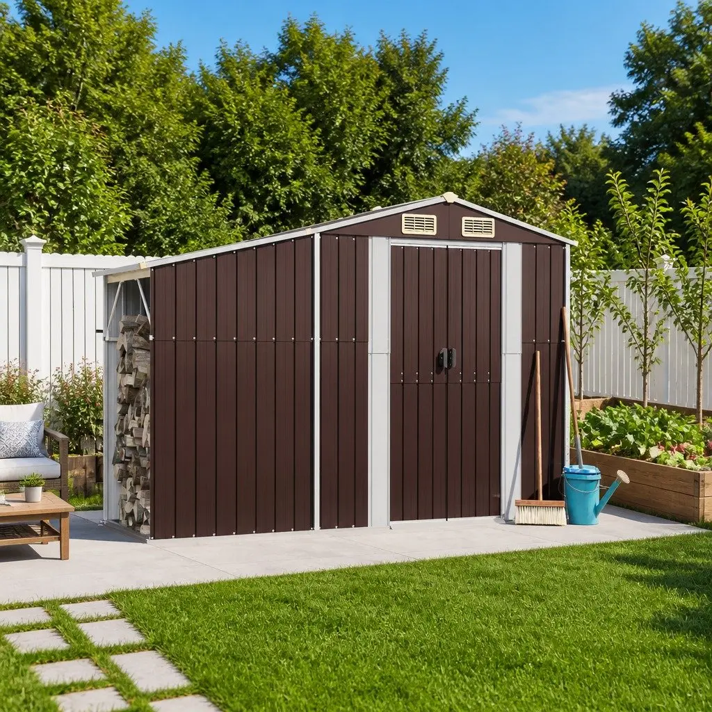 Garden Shed Brown Outdoor Storage Galvanised Steel 277x93x179 cm Tool House