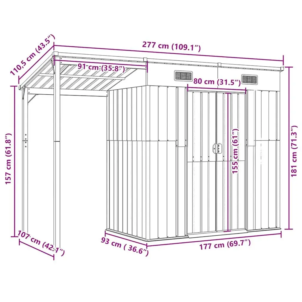 Garden Shed Extended Roof Storage Tool House 277x107x181cm Green Steel