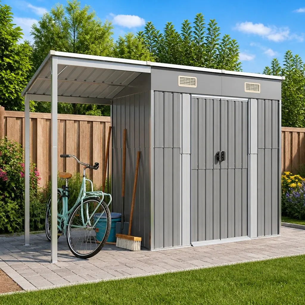 Garden Shed Extended Roof Outdoor Storage 277x107x181cm Grey Galvanised Steel