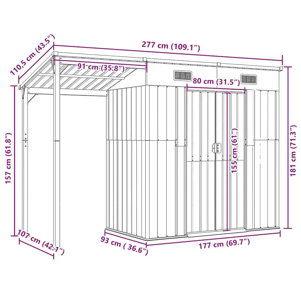 Garden Shed Extended Roof Outdoor Storage 277x107x181cm Grey Galvanised Steel