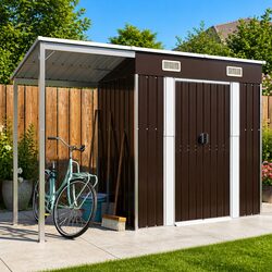 Reliable Brown Metal Garden Shed with Extended Roof 277x107x181cm
