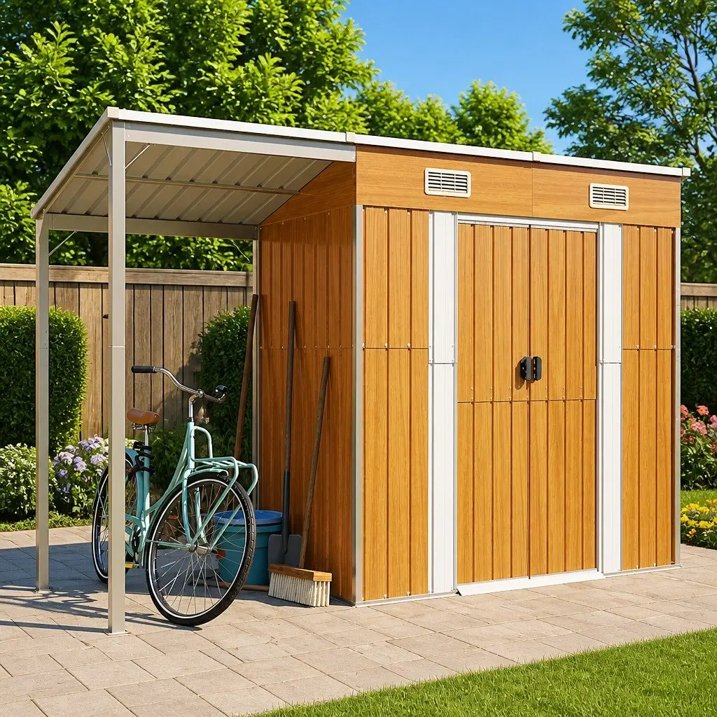 Garden Shed Extended Roof Storage Tool House 277 x 107 x 181 cm Brown Steel