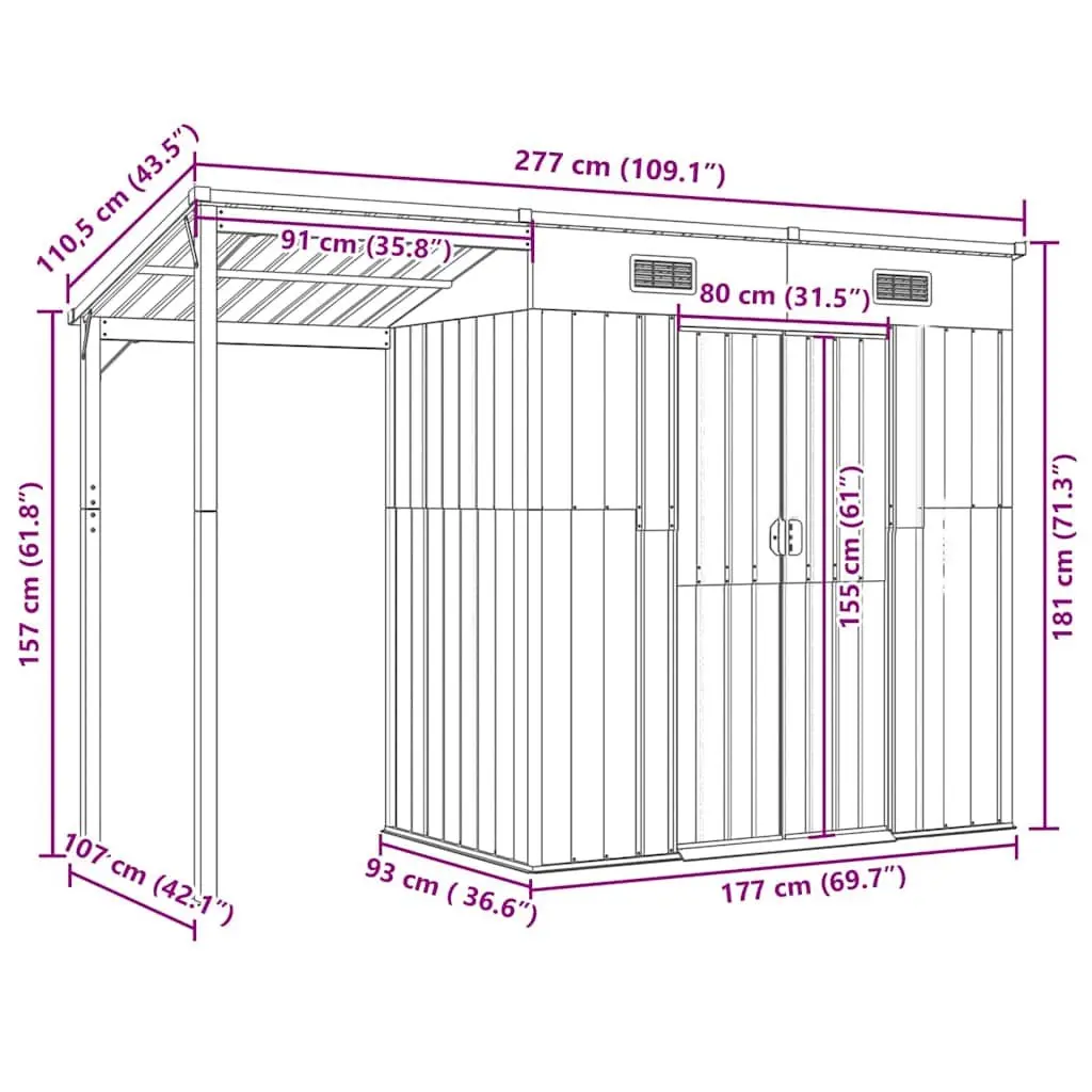 Garden Shed Extended Roof Storage Tool House 277 x 107 x 181 cm Brown Steel