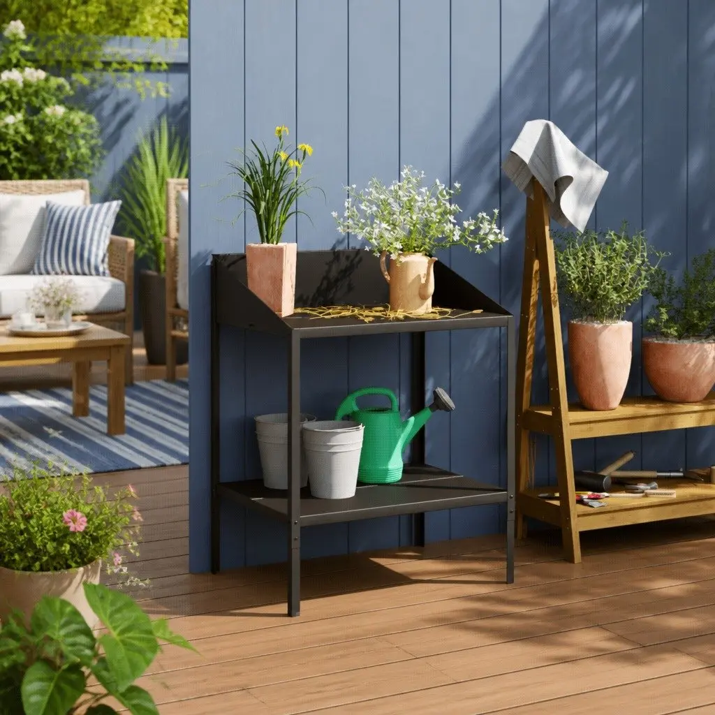 Plant Stand 2 Tier Display Shelf Indoor Outdoor Anthracite Metal Flower