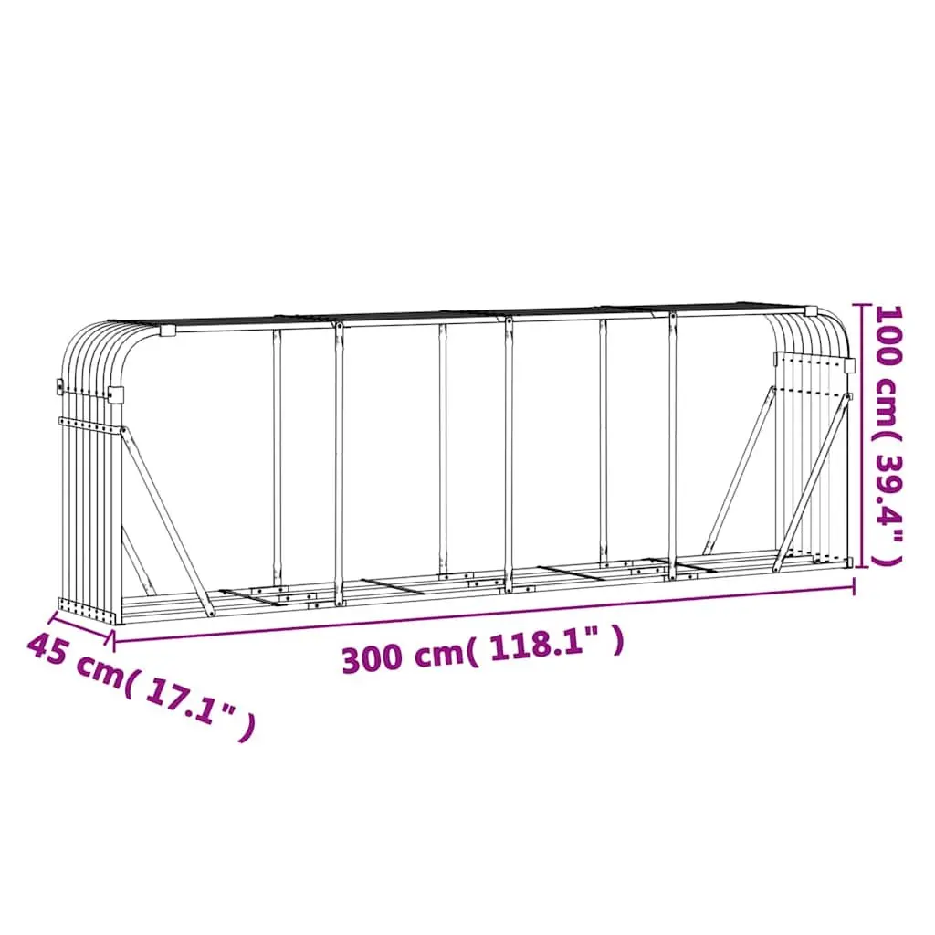 Log Holder Firewood Storage Rack Wall Mount Anthracite Galvanised Steel 300 x 45 x 100 cm