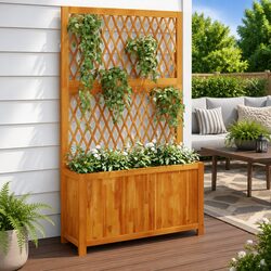 Sturdy and Practical Wooden Planter with Trellis