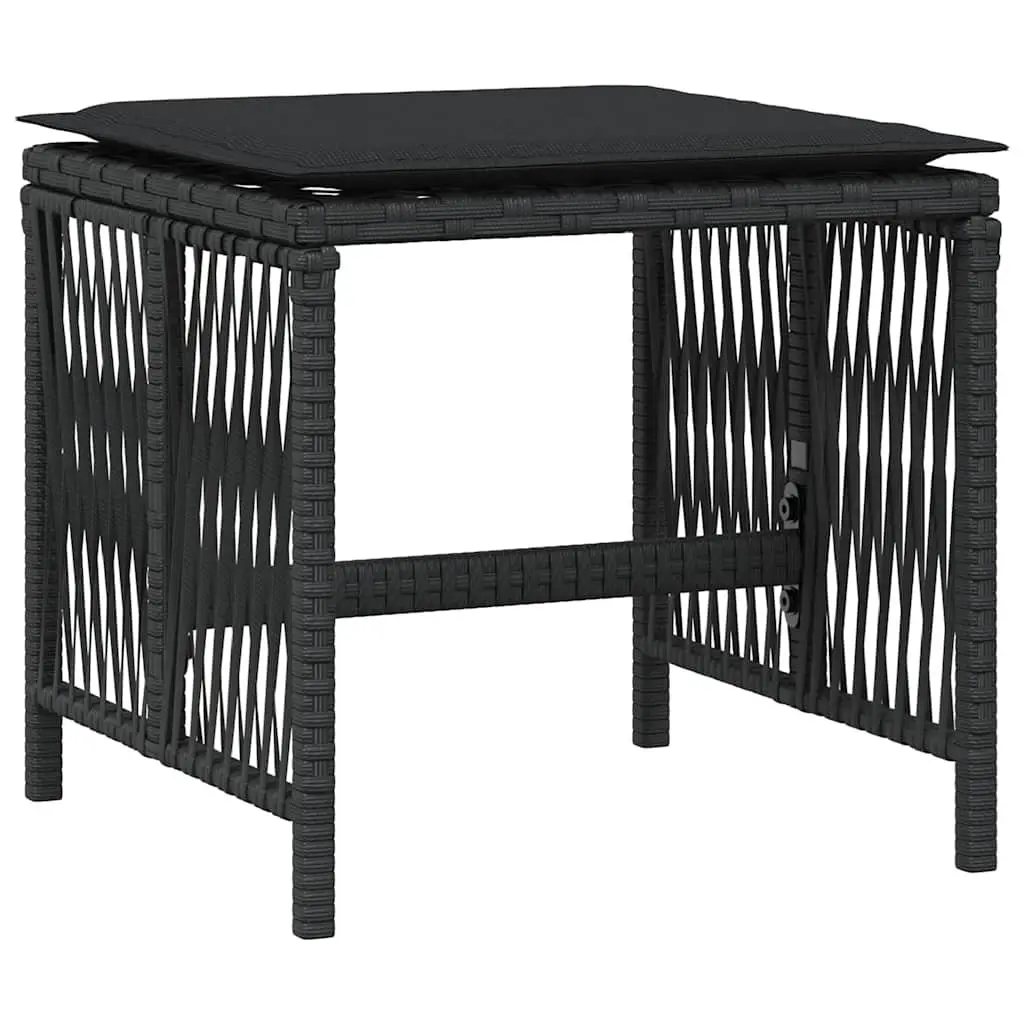 Garden Stools Outdoor Foot Rests 4 Piece Black Poly Rattan Seating with Cushions