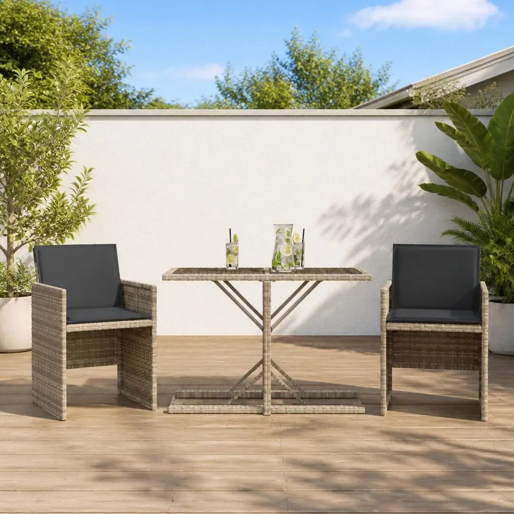 3 Piece Bistro Set Outdoor Seating Grey Poly Rattan Chairs Table Garden Patio Furniture
